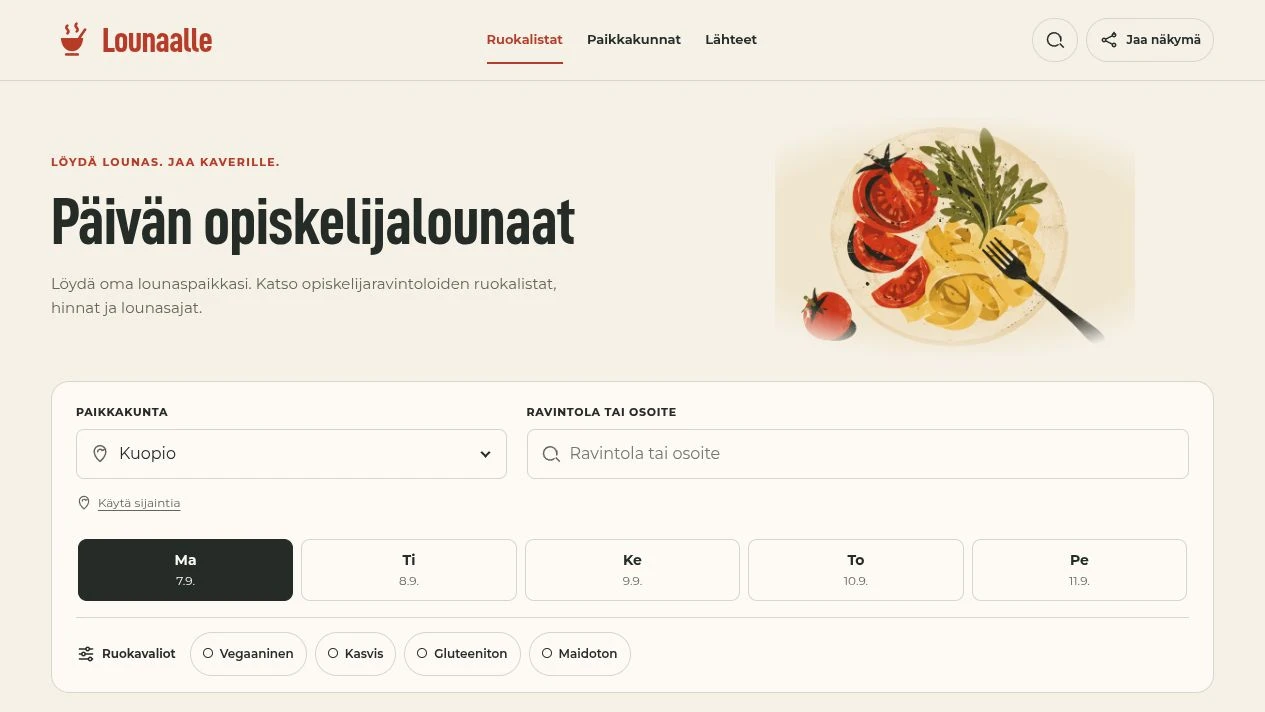 opiskelijalounas.fi – näkymä sivustolta